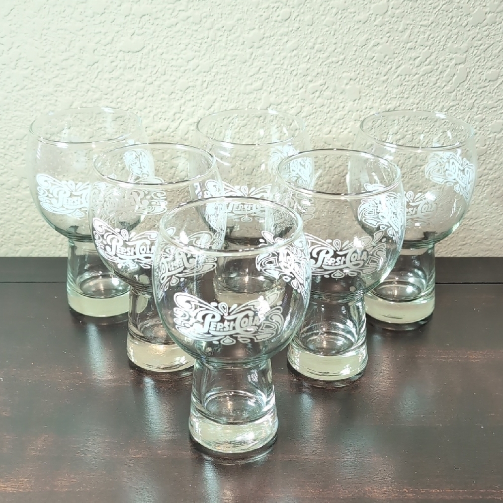 Six (6) Vintage 1970's 1980's Pepsi Cola Glass Pedestal Tumblers with White Logo